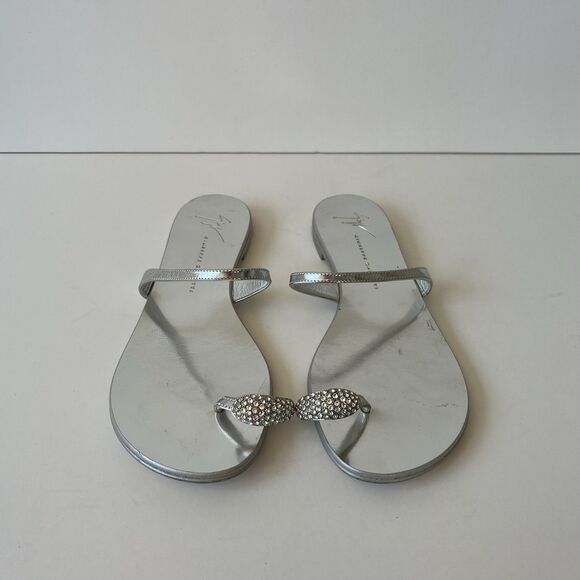 Giuseppe Zanotti Ring Silver Flat Sandals Crystal Embellished Toe Size 6/36 - Picture 11 of 14
